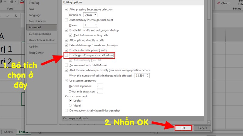 Đi đến phần Editing Options > Bỏ tích Enable Autocomplete for cell values > Nhấn OK để sửa lỗi gõ tiếng Việt đ thành dđ trong Excel